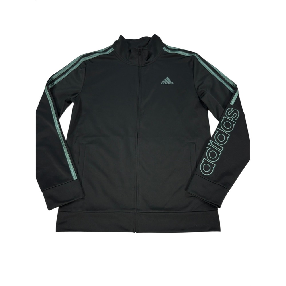 Adidas Boys L 14/16 Track Jacket Black Green Stripes Full Zip Logo Athletic